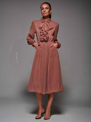 Textured Chiffon Ruffle Shirt Dress Dark Pink