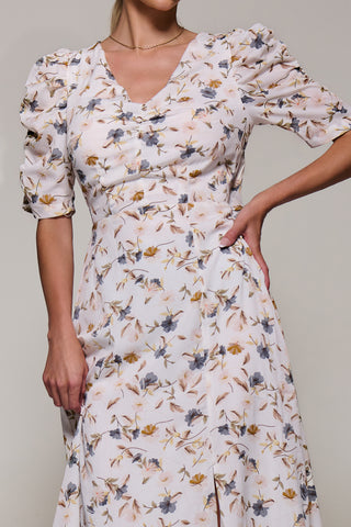 Puffy Sleeved Maxi Dress, Cream Floral