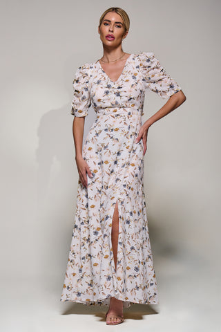 Puffy Sleeved Maxi Dress, Cream Floral