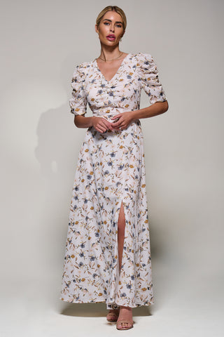 Puffy Sleeved Maxi Dress, Cream Floral
