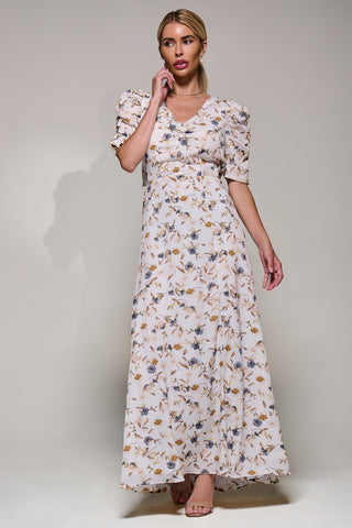 Puffy Sleeved Maxi Dress, Cream Floral