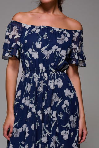 Off Shoulder Chiffon Maxi Dress, Navy Floral
