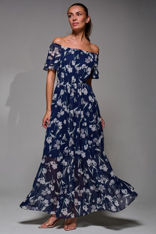 Off Shoulder Chiffon Maxi Dress, Navy Floral