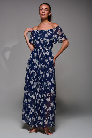 Off Shoulder Chiffon Maxi Dress, Navy Floral