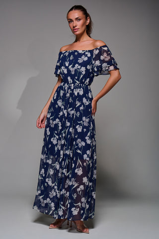 Off Shoulder Chiffon Maxi Dress, Navy Floral