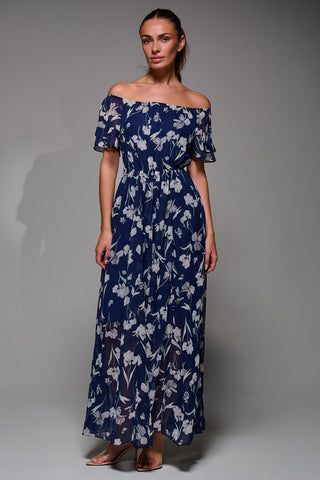 Off Shoulder Chiffon Maxi Dress, Navy Floral