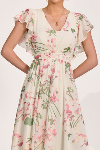 Ruffle Sleeved Chiffon Maxi Dress, Cream Floral