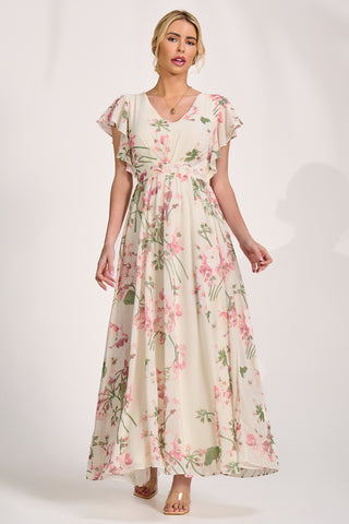 Ruffle Sleeved Chiffon Maxi Dress, Cream Floral