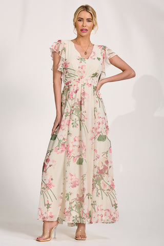Ruffle Sleeved Chiffon Maxi Dress, Cream Floral