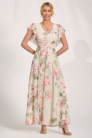 Ruffle Sleeved Chiffon Maxi Dress, Cream Floral