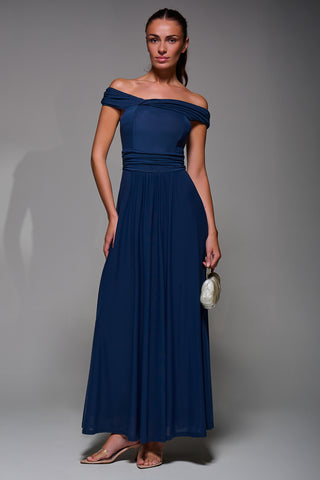 Bardot Neck Mesh Maxi Dress, Stormy Blue Jolie Moi Retail Bardot Neck Mesh Maxi Dress, Stormy Blue Jolie Moi Retail