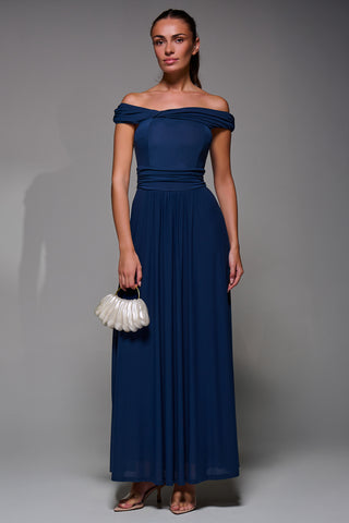 Bardot Neck Mesh Maxi Dress,  Stormy Blue