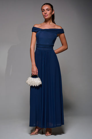 Bardot Neck Mesh Maxi Dress,  Stormy Blue