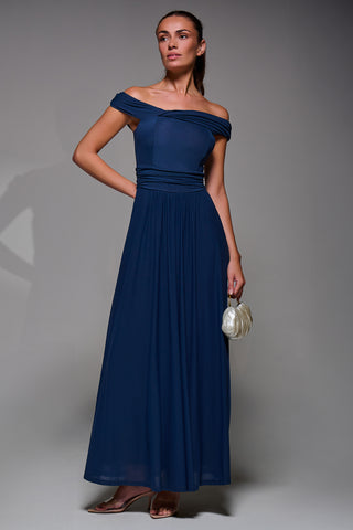 Bardot Neck Mesh Maxi Dress,  Stormy Blue