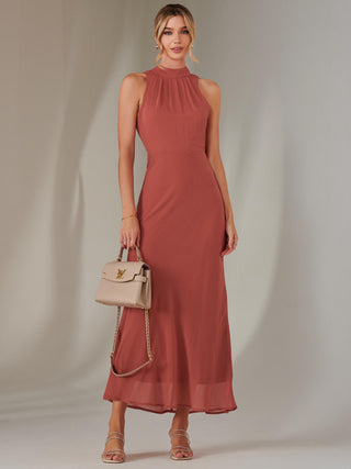 Halter Neck Open Back Chiffon Maxi Dress, Dark Coral