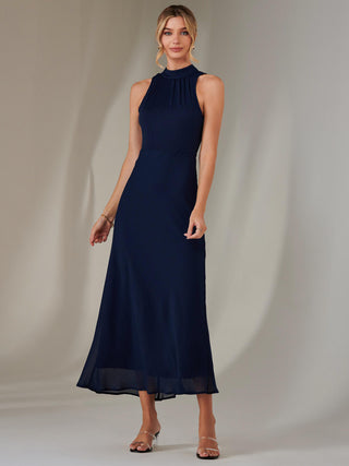 Halter Neck Open Back Chiffon Maxi Dress, Navy Jolie Moi Retail Halter Neck Open Back Chiffon Maxi Dress, Navy Jolie Moi Retail