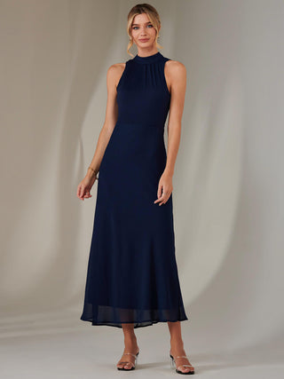 Halter Neck Open Back Chiffon Maxi Dress, Navy Jolie Moi Retail Halter Neck Open Back Chiffon Maxi Dress, Navy Jolie Moi Retail