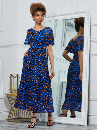 blue leopard print midi dress Avery Mesh Leopard Midi Dress - Blue