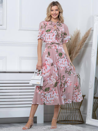 Turtle Neck Mesh Dress, Dusty Pink, Open Front Detail, Floral Print, Elbow Length Sleeves, Mesh Dress, Midi Dress
