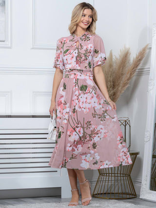 Turtle Neck Mesh Dress, Dusty Pink, Open Front Detail, Floral Print, Elbow Length Sleeves, Mesh Dress, Midi Dress, Front Image