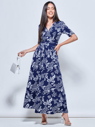 pleated waist midi jersey dress - navy flowers reviews Amber Pleat Jersey Midi Dress-Navy, Meadow Scatter