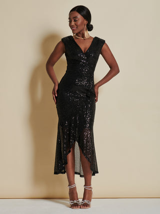 Sequin Wrap Fishtail Maxi Dress, Black