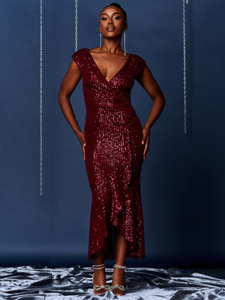 Sequin Wrap Fishtail Maxi Dress, Burgundy