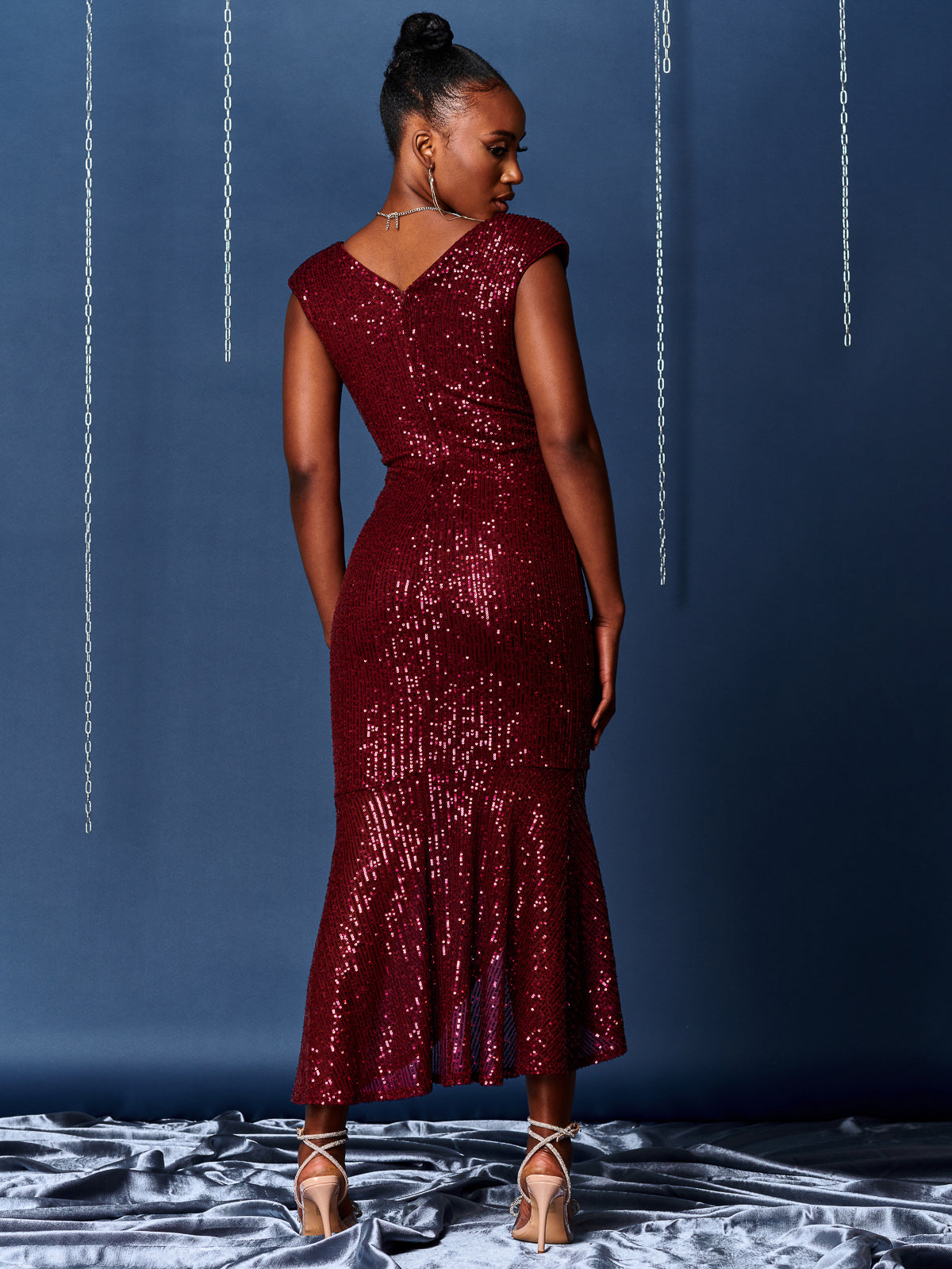 Sequin Wrap Fishtail Maxi Dress Burgundy