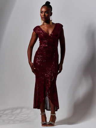 Sequin Wrap Fishtail Maxi Dress, Burgundy Jolie Moi Retail Sequin Wrap Fishtail Maxi Dress, Burgundy Jolie Moi Retail