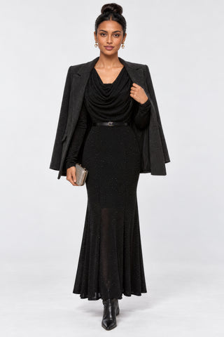 Cowl Neck Mermaid Jersey Maxi Dress, Black