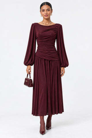 Boat Neck Balloon Sleeve Maxi Dress, Burgundy