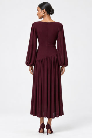 Boat Neck Balloon Sleeve Maxi Dress, Burgundy