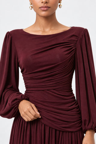 Boat Neck Balloon Sleeve Maxi Dress, Burgundy