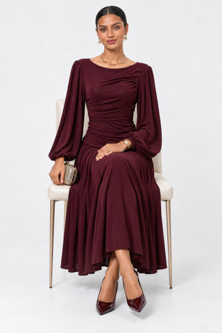 Boat Neck Balloon Sleeve Maxi Dress, Burgundy