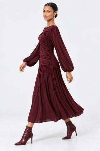 Boat Neck Balloon Sleeve Maxi Dress, Burgundy