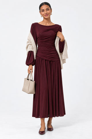 Boat Neck Balloon Sleeve Maxi Dress, Burgundy