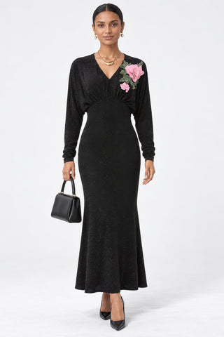 Floral Applique V-Neck Maxi Dress, Black