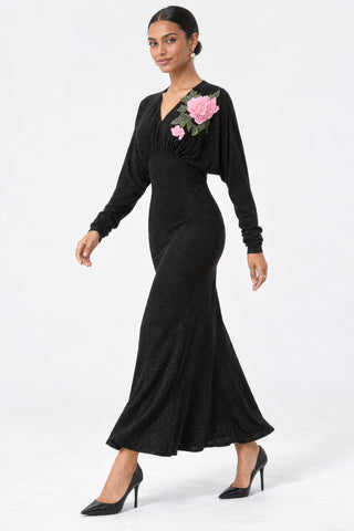 Floral Applique V-Neck Maxi Dress, Black