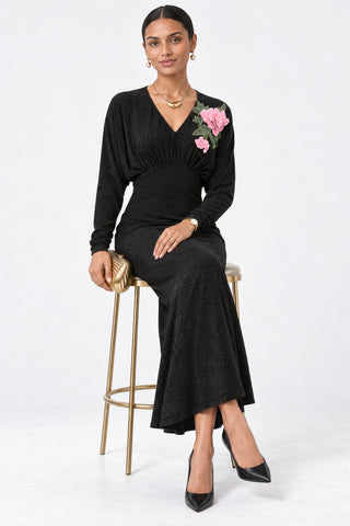 Floral Applique V-Neck Maxi Dress, Black