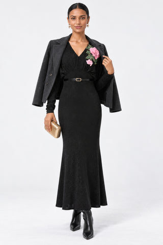 Floral Applique V-Neck Maxi Dress, Black
