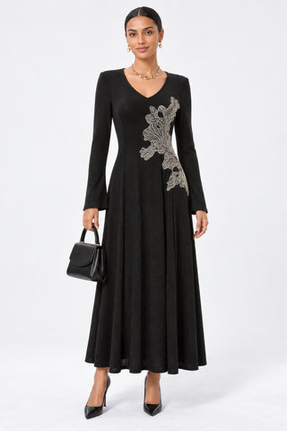Embroidered Applique Detailed Maxi Dress, Black