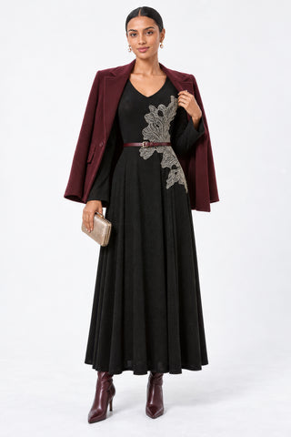 Embroidered Applique Detailed Maxi Dress, Black