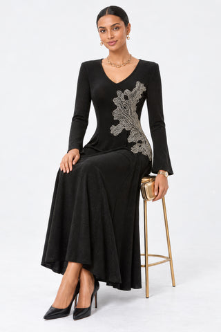 Embroidered Applique Detailed Maxi Dress, Black