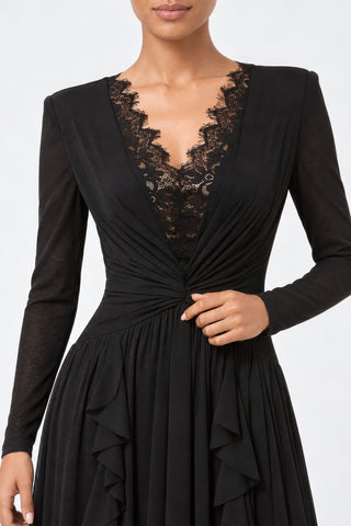 V-Neck Lace Trim Ruched Frill Maxi Dress, Black