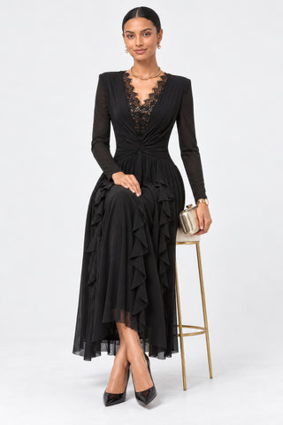 V-Neck Lace Trim Ruched Frill Maxi Dress, Black