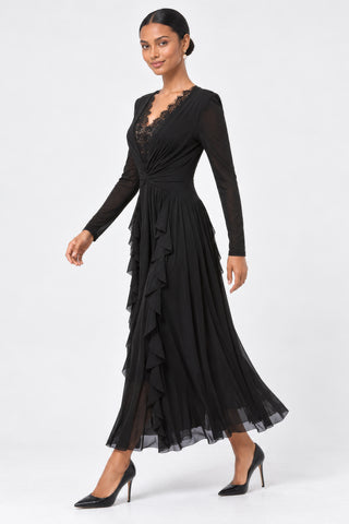V-Neck Lace Trim Ruched Frill Maxi Dress, Black
