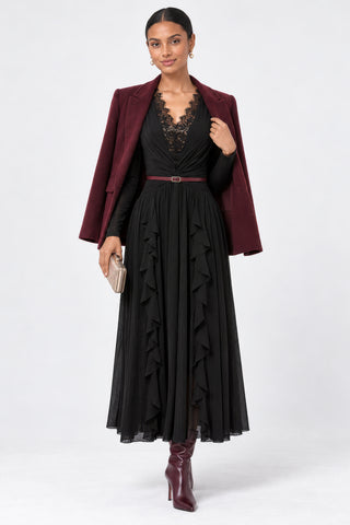 V-Neck Lace Trim Ruched Frill Maxi Dress, Black