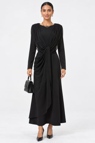 Cowl Neck Draped Long Sleeve Maxi Dress, Black