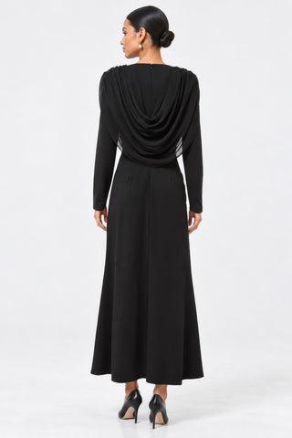 Cowl Neck Draped Long Sleeve Maxi Dress, Black