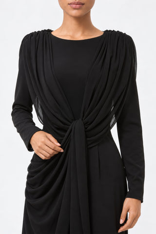 Cowl Neck Draped Long Sleeve Maxi Dress, Black